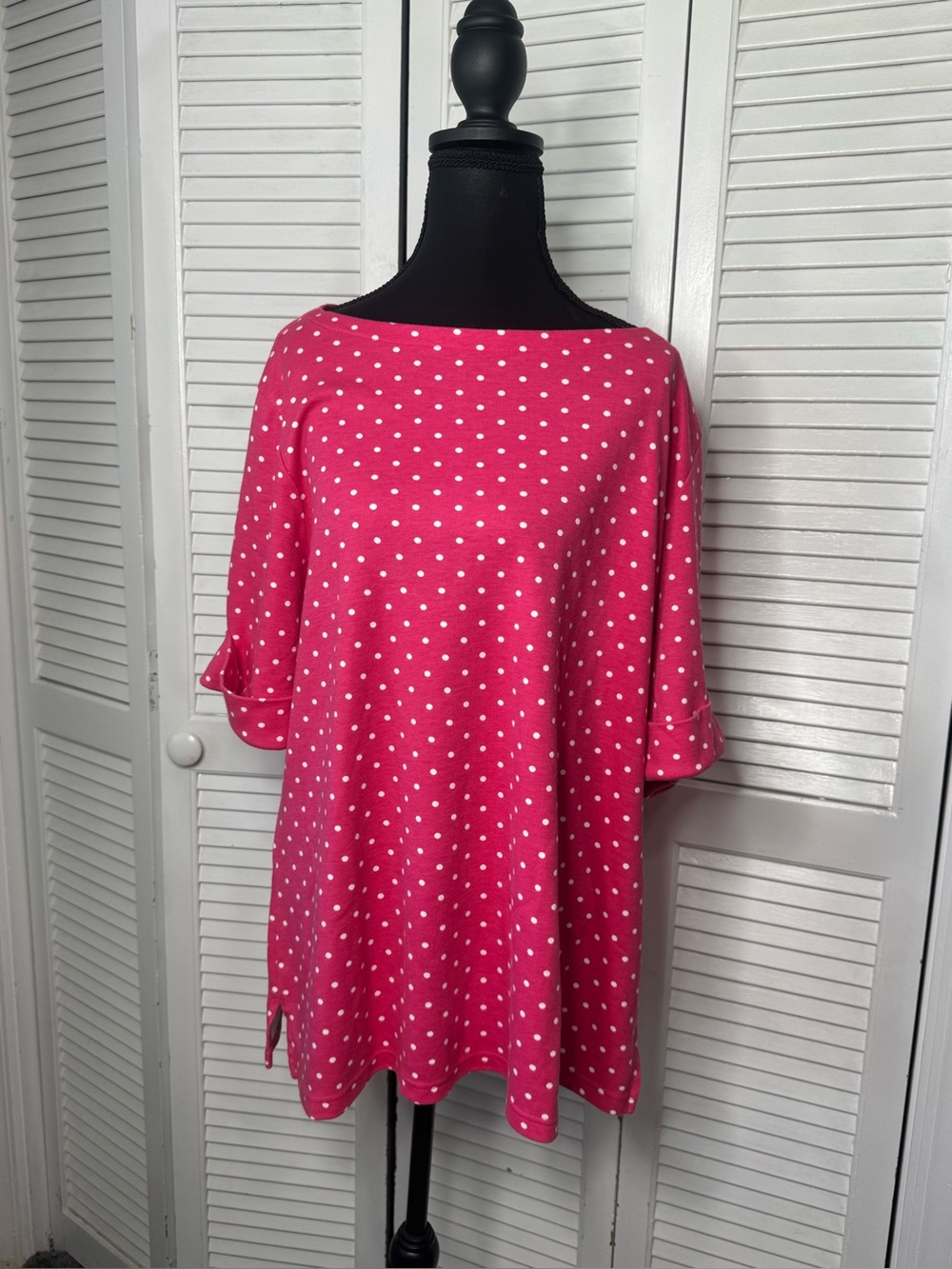 Karen Scott Women Polka Dot Boatneck Tunic Summer Nautical Hot Pink Top 2X